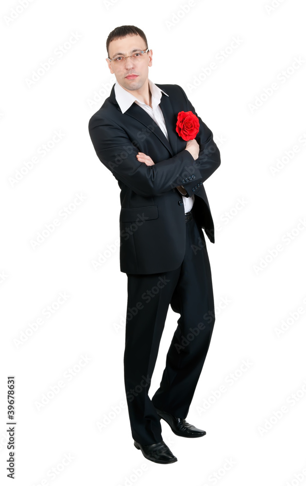 A man with a tango dancer in red fabric flower in his jacket poc A man with a tango dancer in red fabric flower in his jacket poc