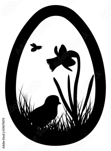 Easter egg with narcissus, chick, and bee