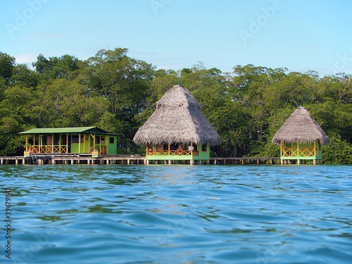 Tropical bungalows over water with lush vegetation, Caribbean coast of Panama, Bocas del Toro, Central America