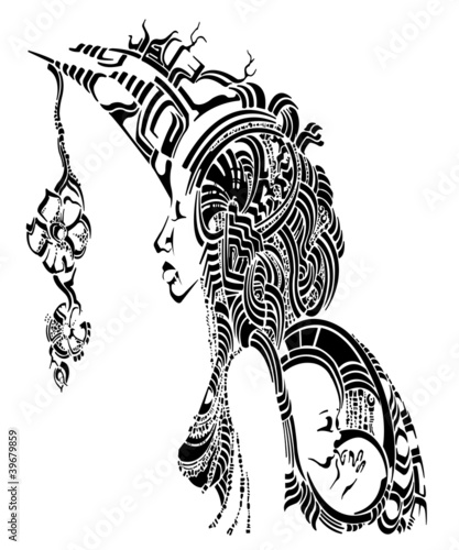 african woman with baby behind the back, decorative