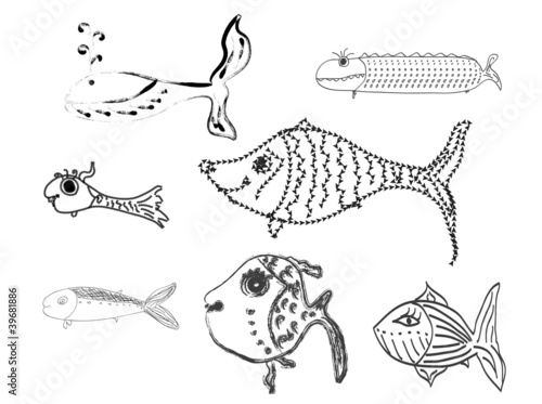Cartoon set of bright and funny fish swimming