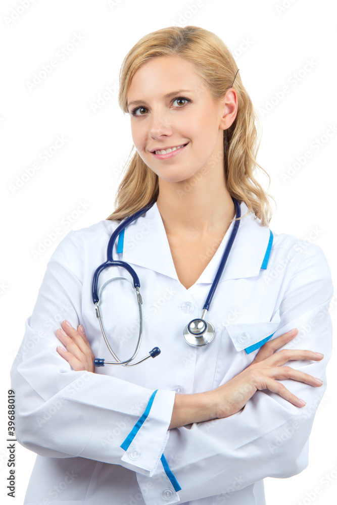Young woman doctor with stethoscope standing with arms crossed Young woman doctor with stethoscope standing with arms crossed