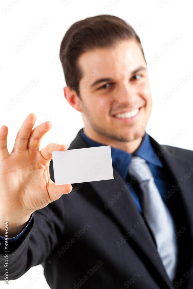 Businessman showing a blank card isolated on white Businessman showing a blank card isolated on white