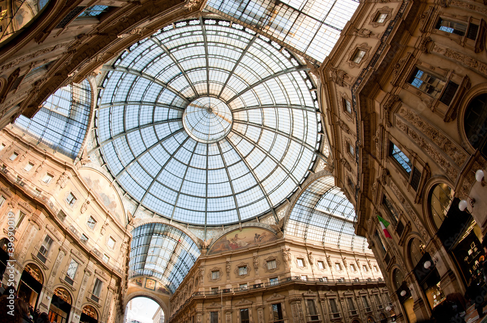 Glass dome of Galleria Vittorio Emanuele II shopping gallery.