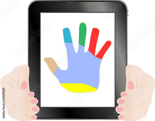 Black vector tablet pc with hand on the screen