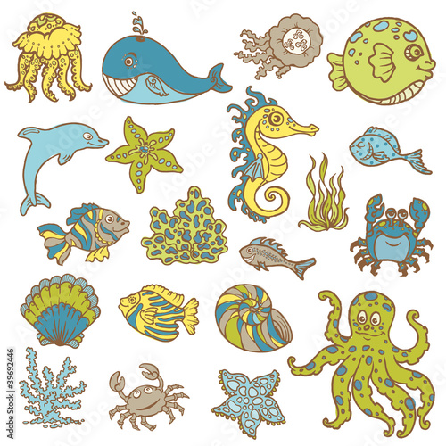 Marine life doodles - Hand drawn collection in vector