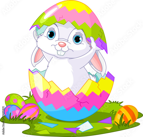 Easter. Bunny jumping out from  egg