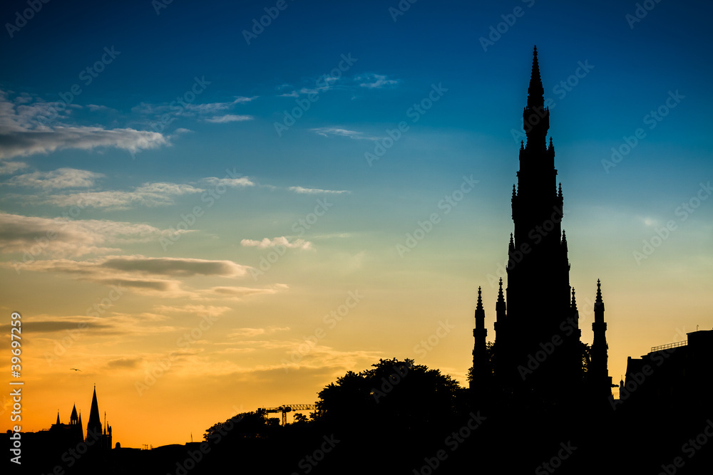 Scott Monument in Edinburgh and summer sunset Scott Monument in Edinburgh and summer sunset