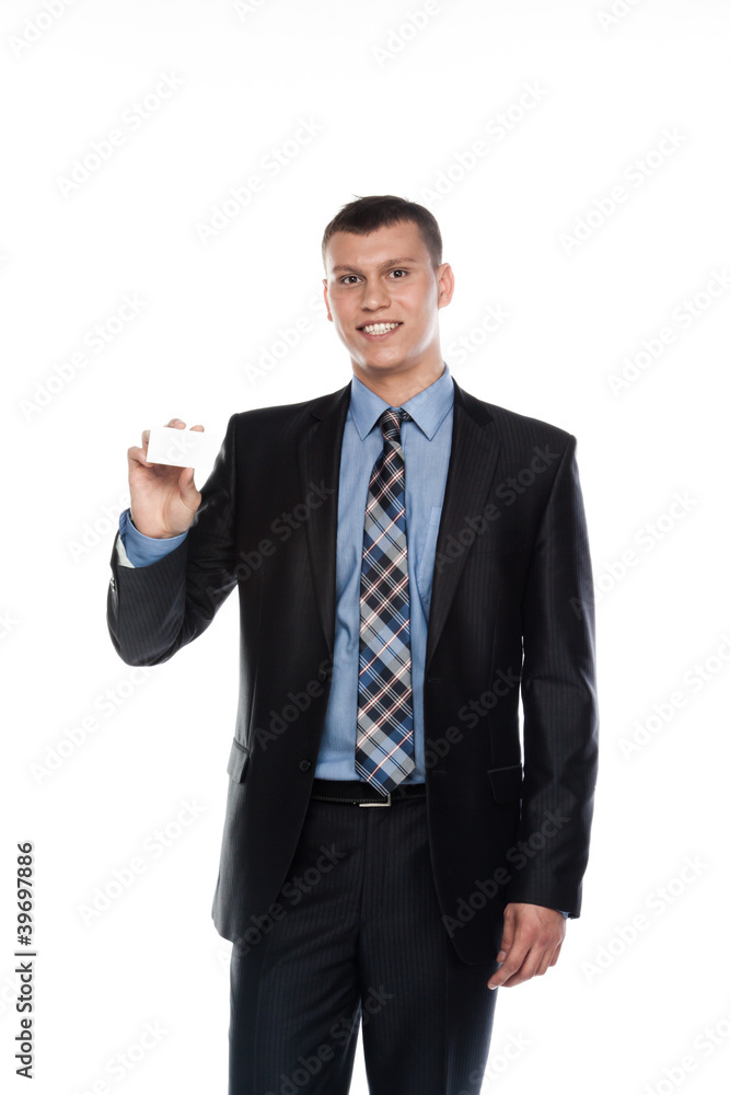 businessman in a business suit with a white business card businessman in a business suit with a white business card