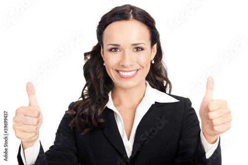 Businesswoman with thumbs up, on white