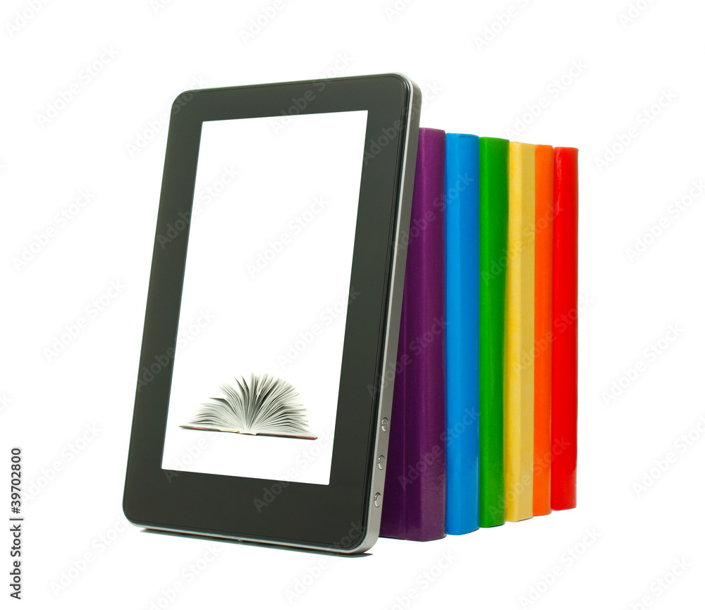 Row of colorful books and tablet PC