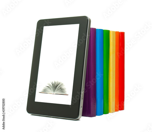 Obraz na płótnie Row of colorful books and tablet PC w salonie