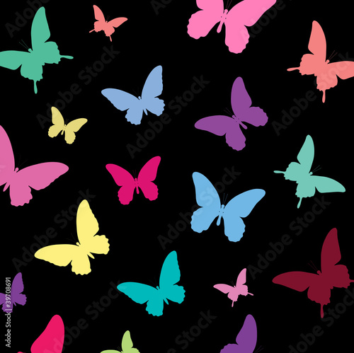 Bright butterflies on a black background