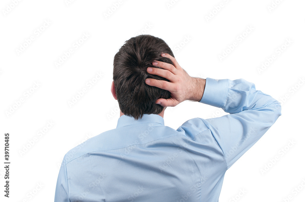 Thinking young businessman in blue shirt on white background Thinking young businessman in blue shirt on white background
