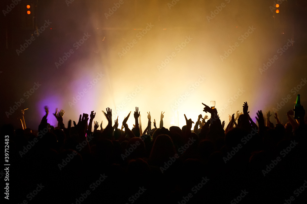 Hands in the air silhouetted against great stage lights