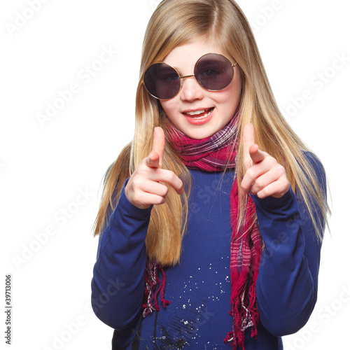 Bild auf Leinwand girl with huge glasses pointing at you