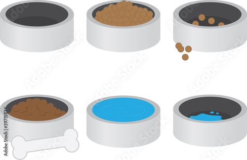 Dog bowls empty, filled with food and water