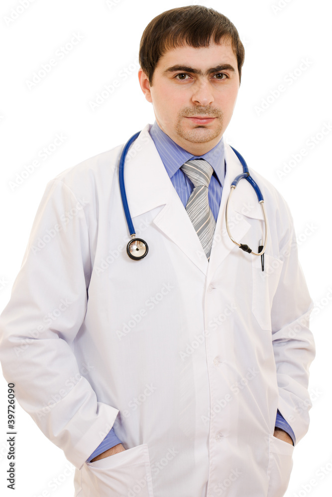 A doctor with a stethoscope on a white background. A doctor with a stethoscope on a white background.