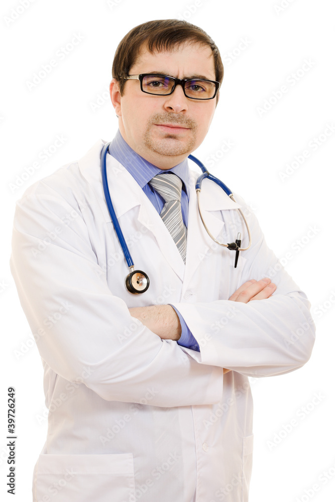 Serious doctor with a stethoscope and glasses Serious doctor with a stethoscope and glasses