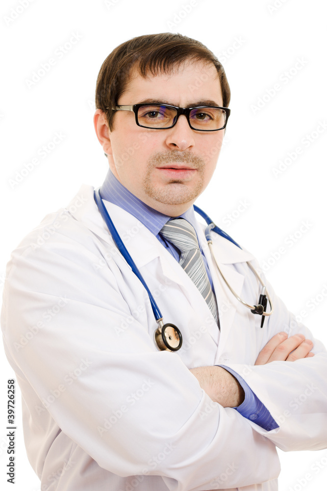 A doctor with a stethoscope placed his hands crosswise A doctor with a stethoscope placed his hands crosswise