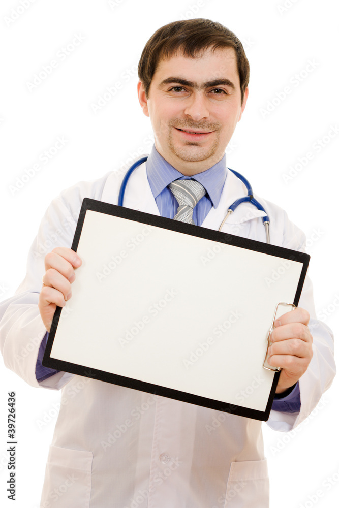 Male doctor with a blank sheet of paper on a white background. Male doctor with a blank sheet of paper on a white background.