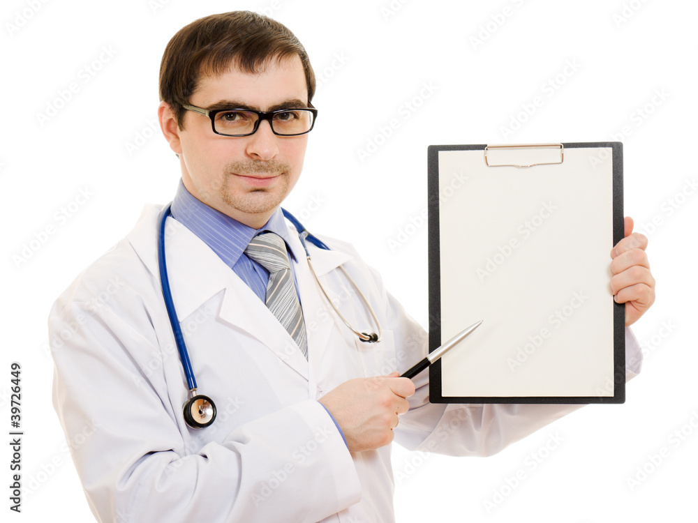 Male doctor with a blank sheet of paper on a white background. Male doctor with a blank sheet of paper on a white background.