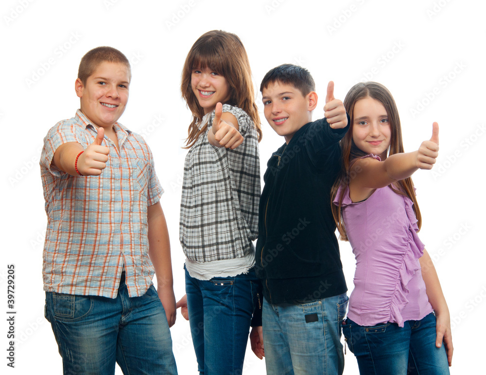 Group of happy teenage friends holding thumbs up Group of happy teenage friends holding thumbs up