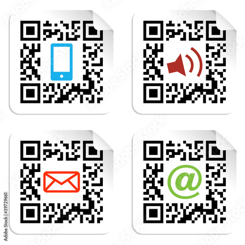 Social media icons set with QR code sign label.