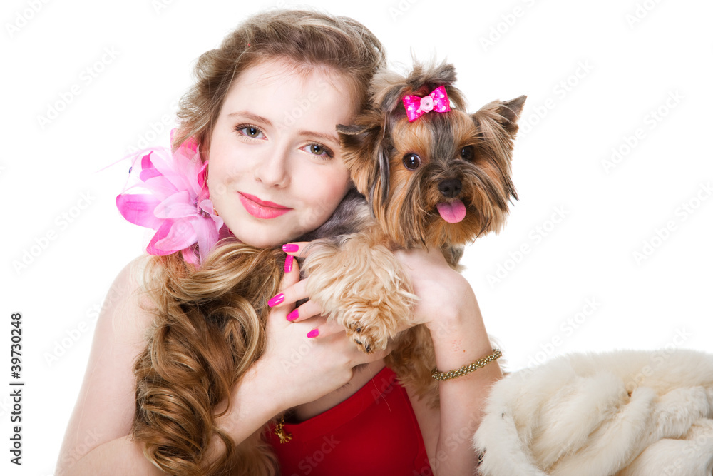 girl in red with yorkshire terrier on isolated white girl in red with yorkshire terrier on isolated white