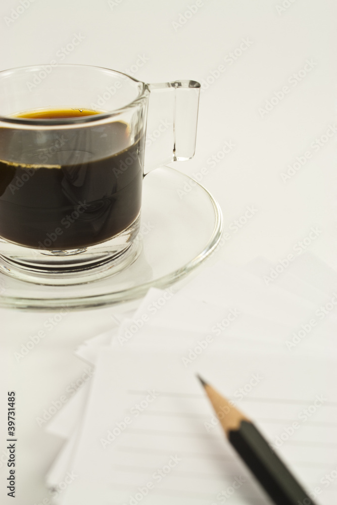 noteapd,pencil,black coffee on white background noteapd,pencil,black coffee on white background