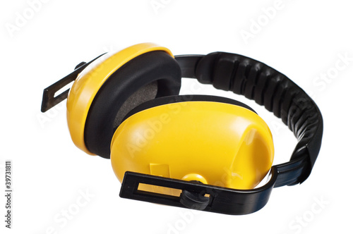 Φωτογραφία Yellow working protective headphones, it is isolated on white