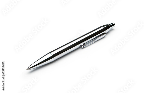 Silver ballpoint pen on white background