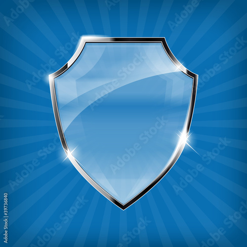 Glossy security shield on blue background - vector