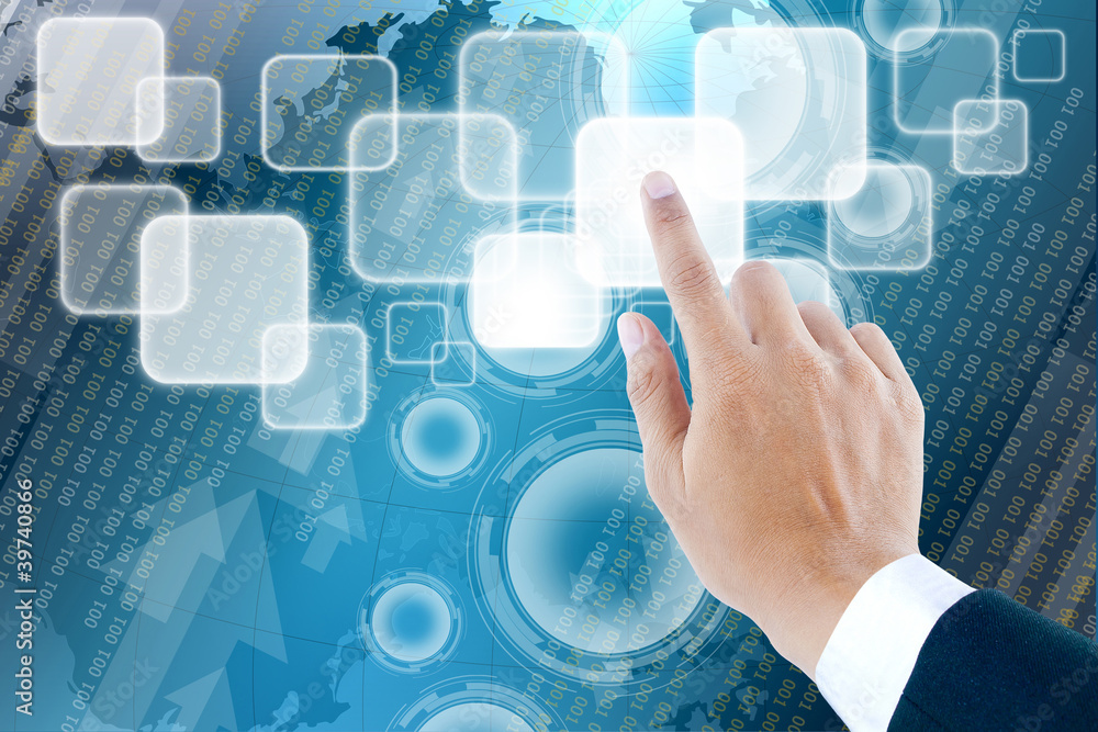 hand of business man pushing a button on a touch screen interfac
