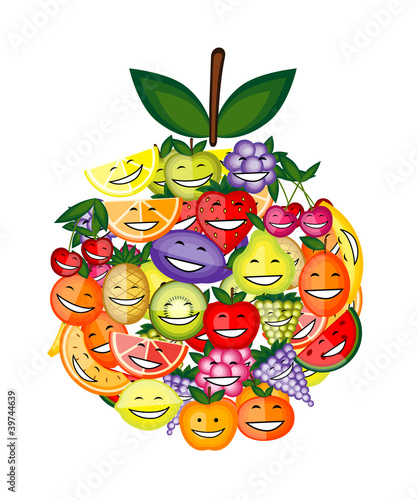 Funny fruit characters smiling together, apple shape