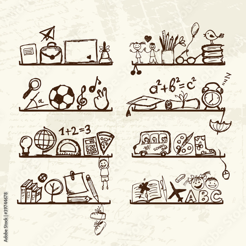 Objects for school on shelves, sketch drawing for your design