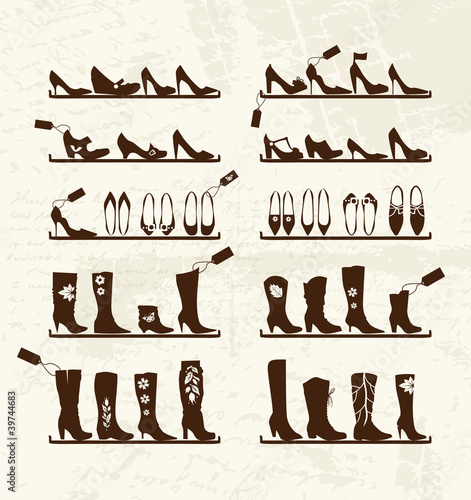 Shoes shop, boots on shelves, sketch for your design