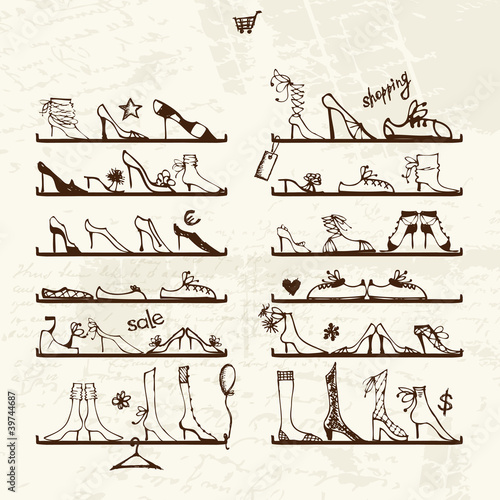Shoes shop, boots on shelves, sketch for your design