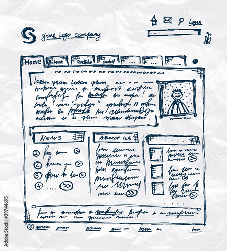 Hand drawing template of website on paper sheet