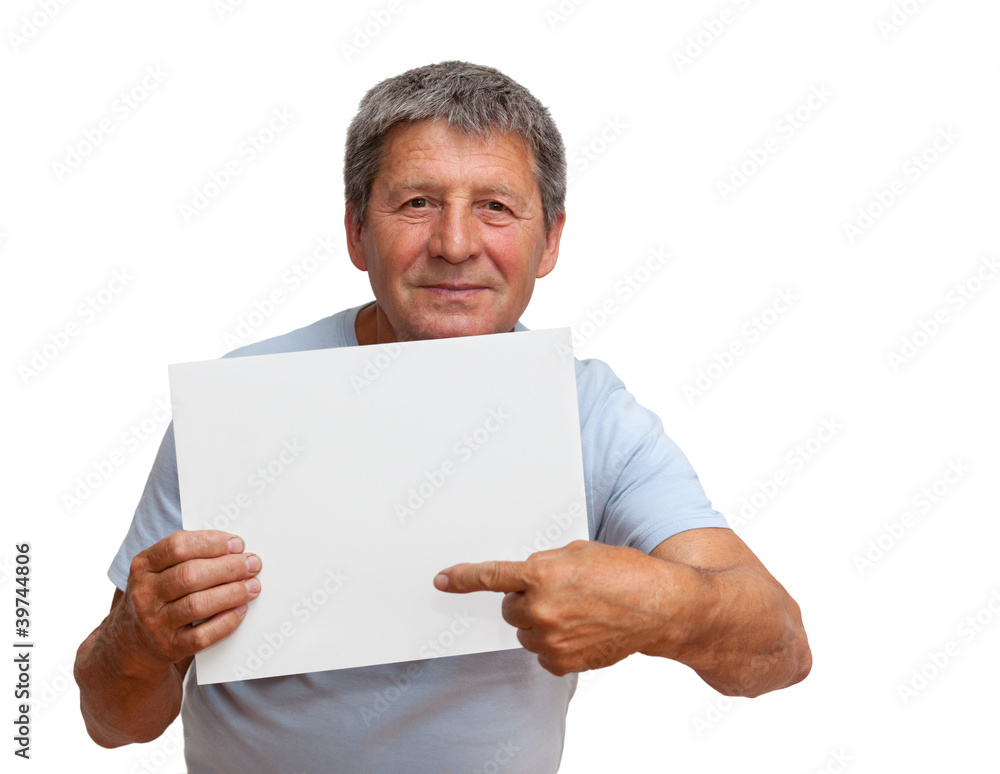 Man holding a white board, isolated on white background Man holding a white board, isolated on white background
