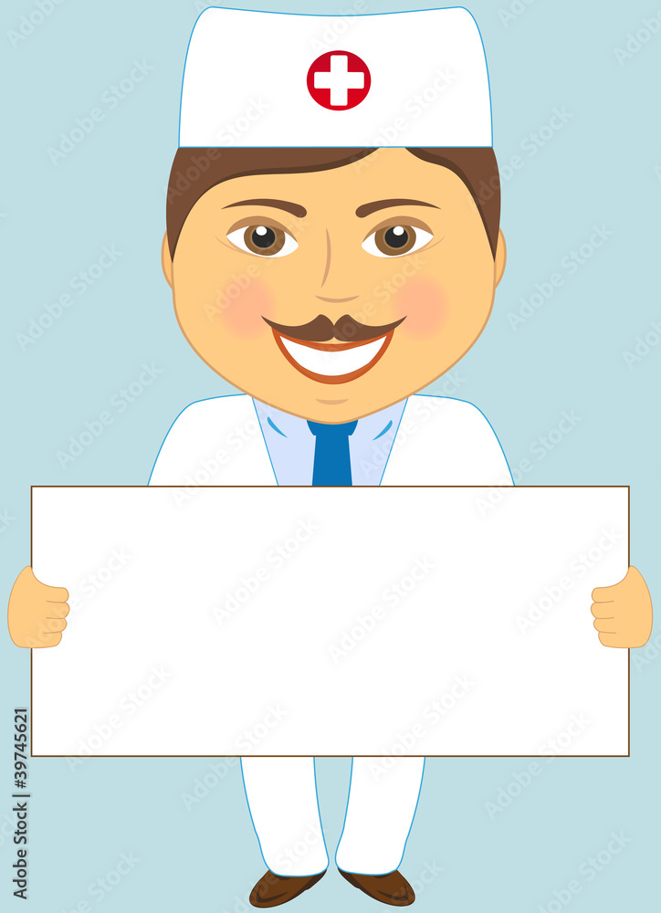 isolated cute doctor with poster on blue background isolated cute doctor with poster on blue background
