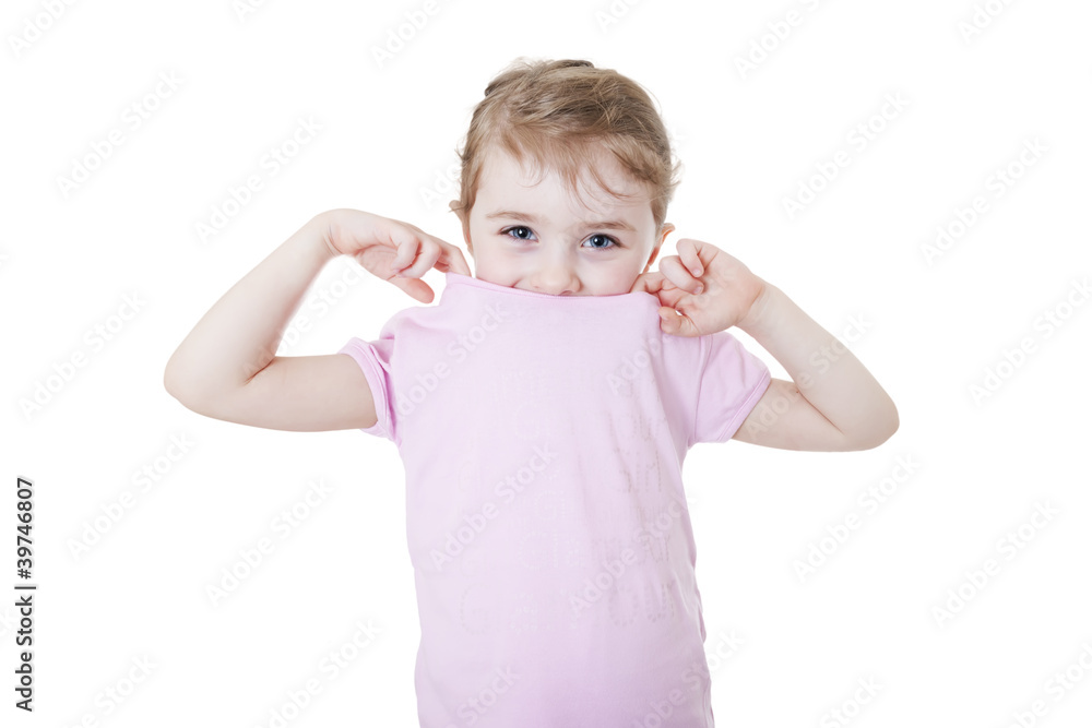 A happy little girl on white background A happy little girl on white background