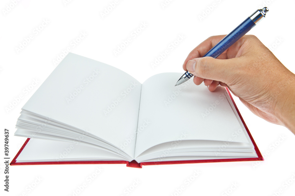 Blank book with pen and hand Blank book with pen and hand