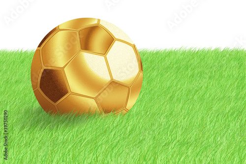 Golden football ball on green grass