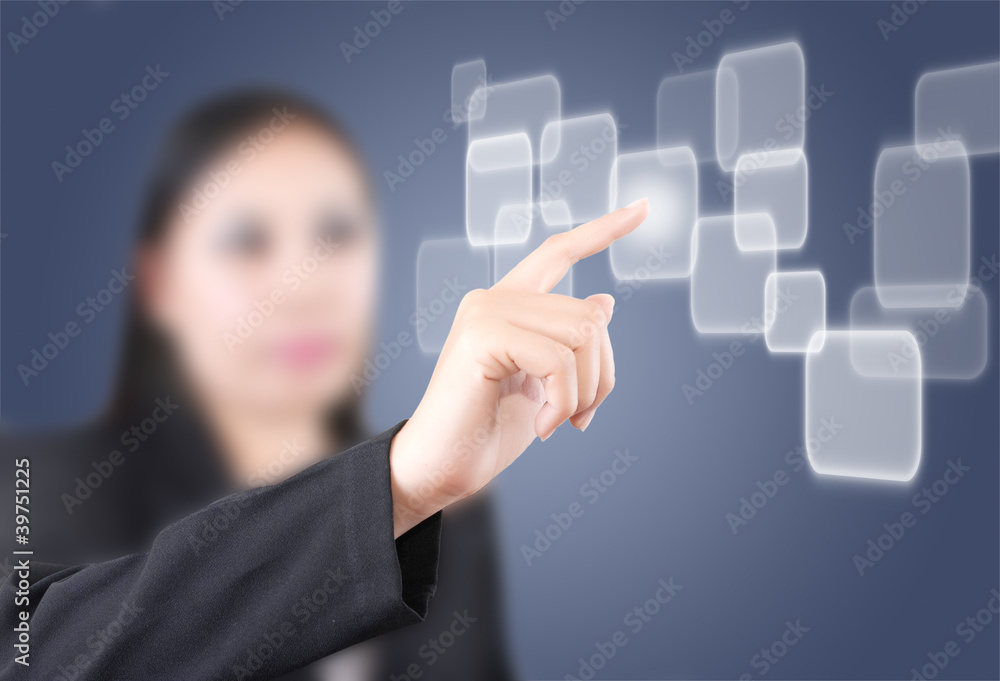 Business lady pushing button on the touch screen interface. Business lady pushing button on the touch screen interface.