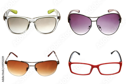 set of different sunglasses isolated on white