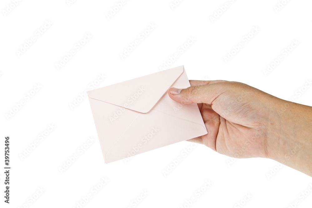 Pink envelop with hand isolated on white background
