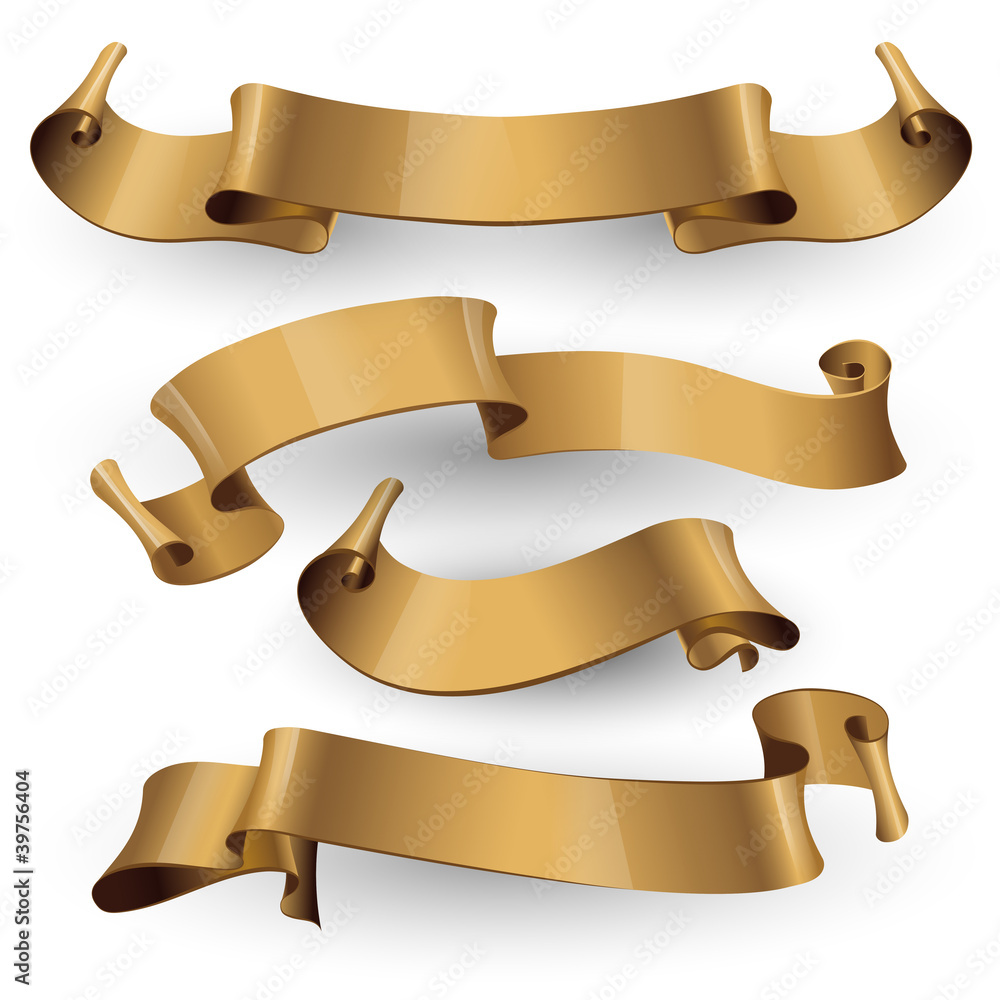 Gold glossy ribbons on a white background