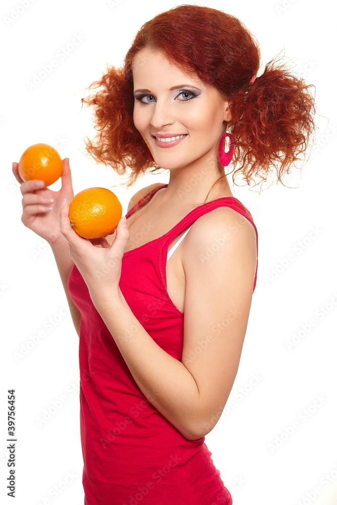 beautiful smiling ginger woman in red cloth with orange beautiful smiling ginger woman in red cloth with orange