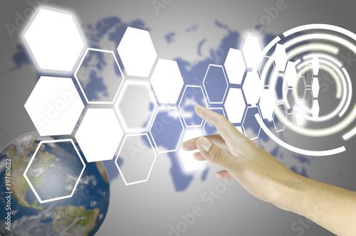 Male Hand push on PC touch screen interface